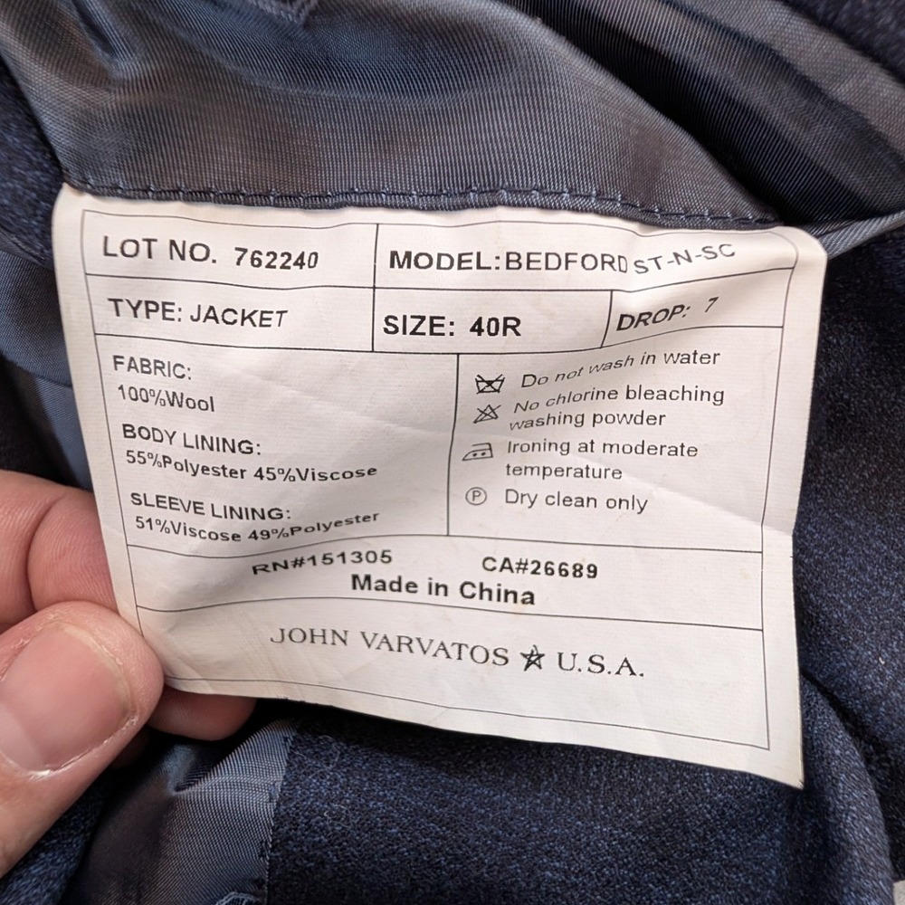 John Varvatos Bedford Blazer Mens 40R Navy Blue Wool 2-Button Sport Coat - Picture 7 of 7